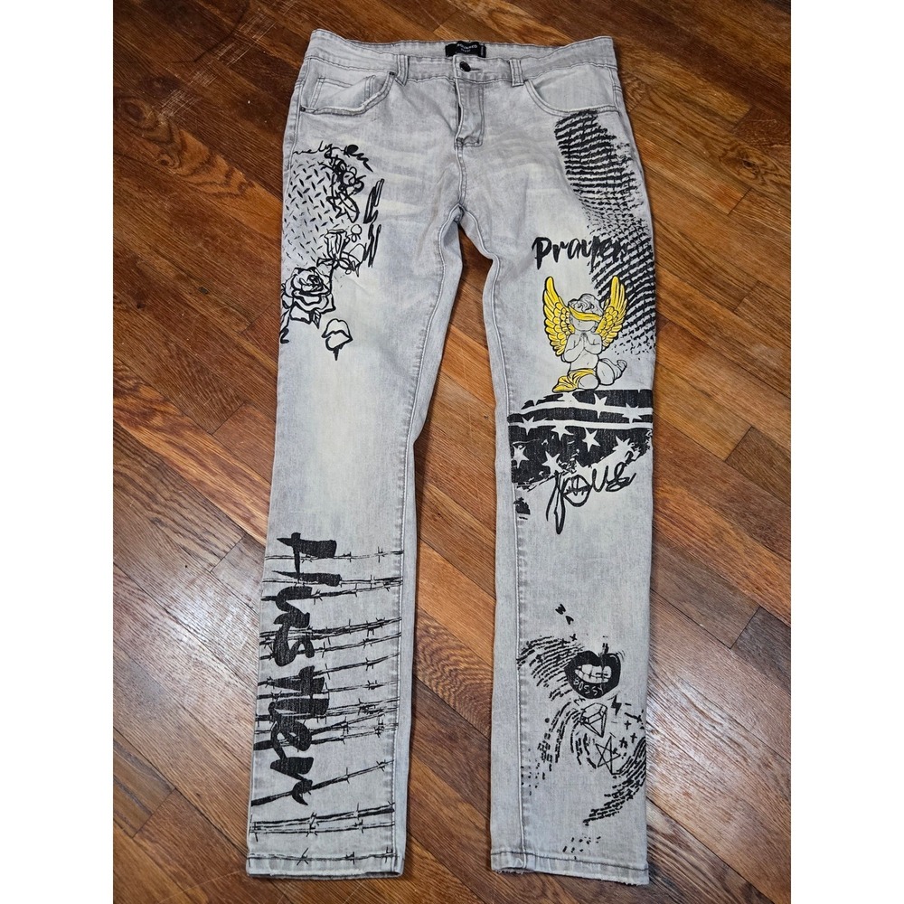 Enslaved Men Graphic Print Slim Fit Jeans Grey Acid Wash Barbed Wire Angel 32x31
